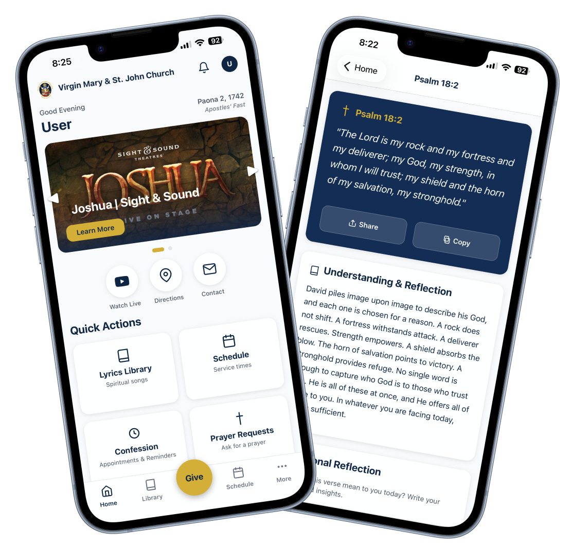 Virgin Mary & St. John Church App on iPhone — home screen and daily verse